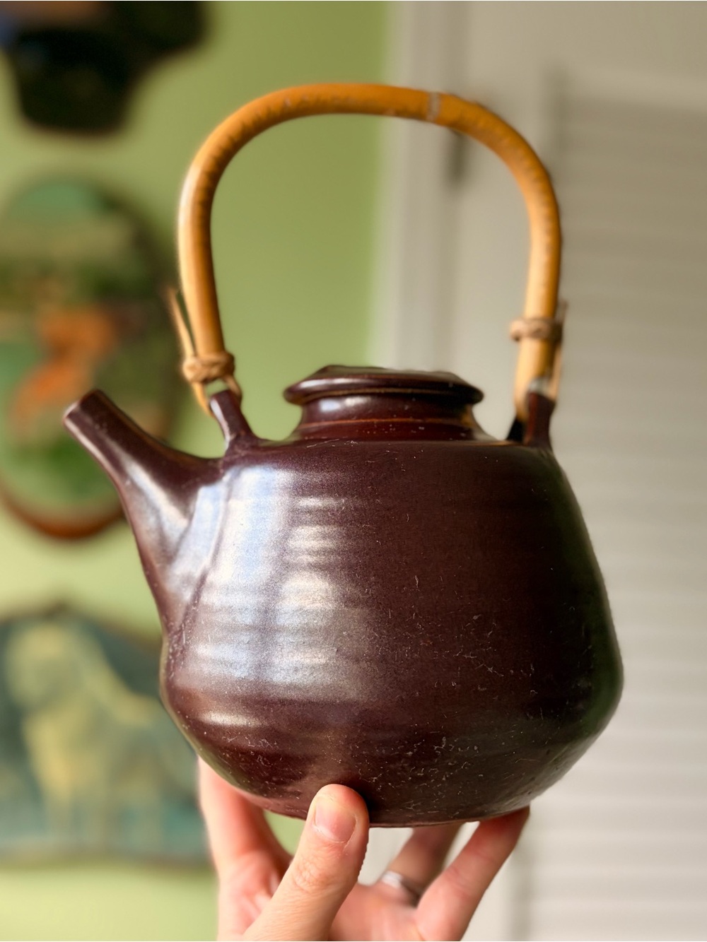Vintage Pottery Ceramic Burgundy Oriental Teapot Kettle with Bamboo Handle